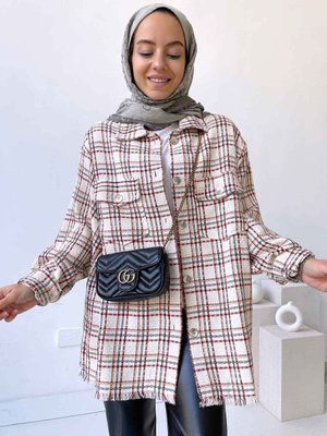 Ekose Çift Cepli Tüvit Ceket/gömlek Bej/bordo