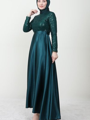 Pul Payet Saten Kloş Elbise Zümrüt Pul Payet Saten Kloş Elbise Zümrüt