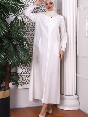 Üstü Işlemeli Boncuk Detaylı Ferace Hac Ve Umre Kıyafeti Krem