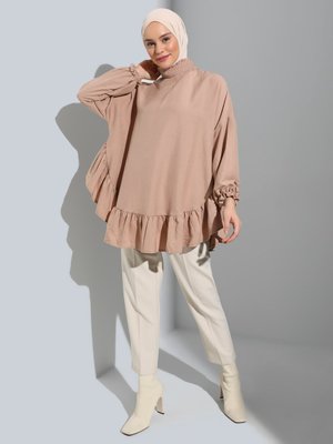 Bej Volan Detaylı Aerobin Tunik