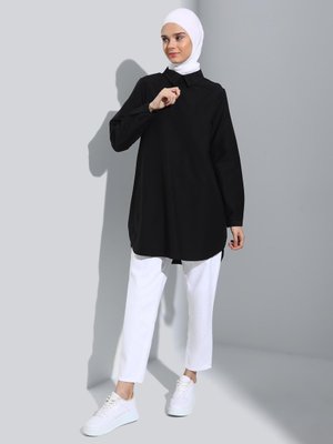 Siyah Pamuklu Arkası Uzun Poplin Tunik