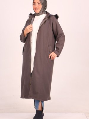 Antrasit Büyük Beden Fermuarlı Kaşe Kaban