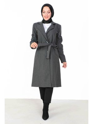 Antrasit Kruvaze Yaka Beli Kuşaklı Kaşe Kaban Antrasit Kruvaze Yaka Beli Kuşaklı Kaşe Kaban