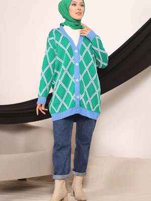 Yeşil Modest Düğmeli Desenli Triko Hırka