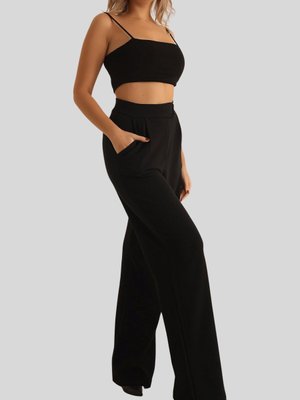 Siyah Cırtlı Yüksek Bel Palazzo Pantolon