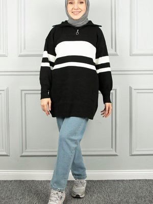 Siyah Çizgili Yarım Fermuarlı Triko Tunik