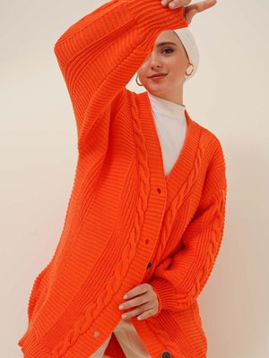 Örgü Desenli Önden Düğmeli Hırka Oranj