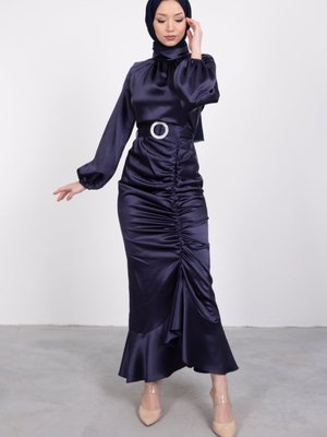 Büzgülü Dikişli Balık Abiye Elbise Lacivert