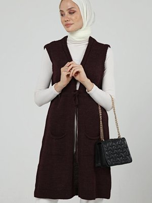 Bağcıklı Çift Cepli Triko Kolsuz Mürdüm Yelek Bağcıklı Çift Cepli Triko Kolsuz Mürdüm Yelek