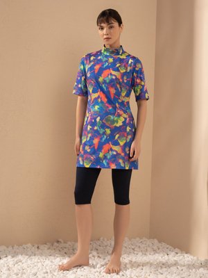 Çok Renkli Batik Desen Lycra Yarım Kapalı Mayo