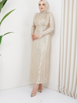 Manşeti Tüy Detaylı, Payetli Abiye Elbise Bej