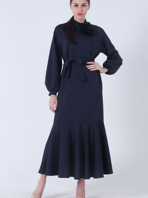 Lacivert Bisiklet Yaka Belden Kuşaklı Elbise Lacivert Bisiklet Yaka Belden Kuşaklı Elbise