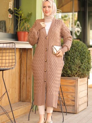 Örgülü Triko Hırka Vizon Örgülü Triko Hırka Vizon