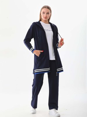 Şeritli Lacivert Renk Üçlü Spor Takım Kombin