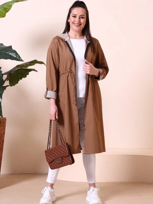 Kadin Uzun Tesettur Trenckot Buyuk Beden Fermuarlı Trenc Vizon