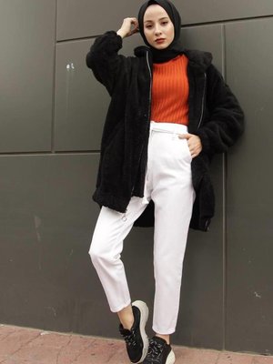 Kadın Modest Basic Mevsimlik Kışlık Fermuarlı Cepli Peluş Hırka Kap