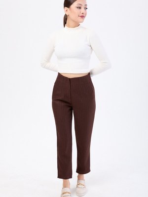 Kahve Yüksek Bel Boru Paça Çizgili Kumaş Pantolon