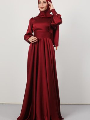 Beli Pileli Saten Abiye Elbise Bordo