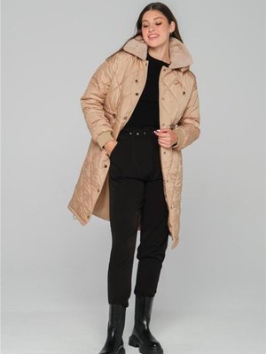 Çıkabilir Kapüşonlu Yakası Kürklü Kapitone Mont Bej