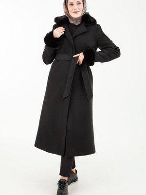 Armine Trend Seyyar Kürklü Supatlı Belden Bağlamalı Kaşe Kaban Siyah