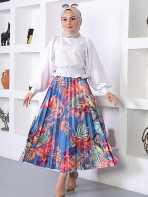 Desenli Piliseli Etek Mavi