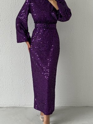 Kemerli Pul Payet Abiye Elbise Mor Kemerli Pul Payet Abiye Elbise Mor