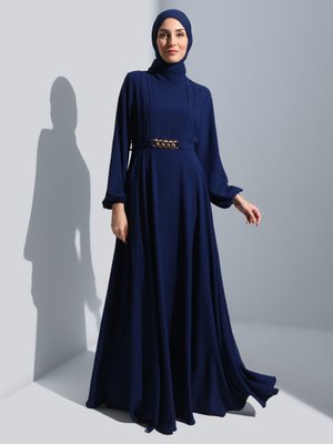 Lacivert Kemer Detaylı Abiye Elbise