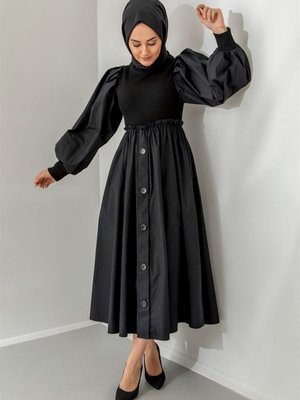 Balon Kollu Triko Detaylı Elbise Siyah