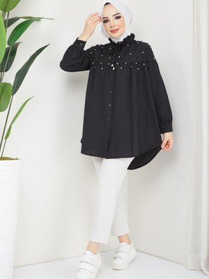 Yakasi İpli İnci Detaylı Dügmeli Gömlek