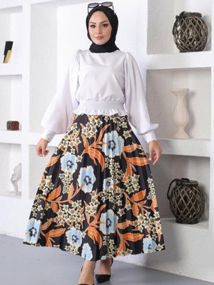 4529 Desenli Tesettür Piliseli Etek Siyah