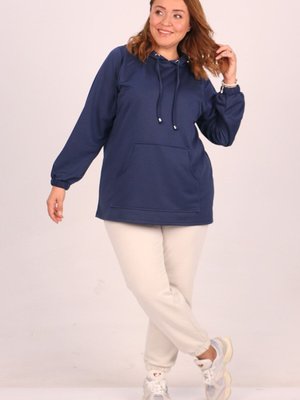Lacivert Büyük Beden Kapüşonlu İki İplik Kısa Tunik