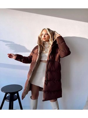 Çift Taraflı Kahve Bej Uzun Şişme Mont