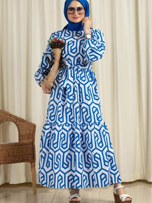 Çizgi Desenli Uzun Elbise Mavi Çizgi Desenli Uzun Elbise Mavi