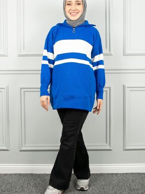 Saks Mavisi Çizgili Yarım Fermuarlı Triko Tunik