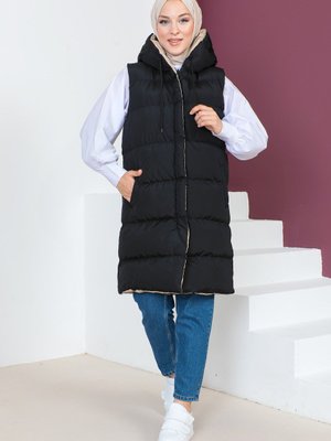 Çift Renkli Şişme Yelek Siyah Bej