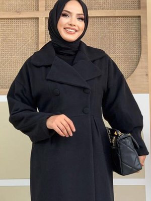 Siyah Balon Kol Düğmeli Kaşe Kaban Siyah Balon Kol Düğmeli Kaşe Kaban