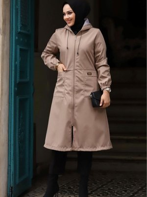 Kapüşonlu Fleto Cepli Çizgi Desenli Trençkot