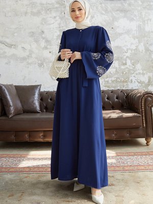 Liva Kolları Taşlı Abaya İndigo Liva Kolları Taşlı Abaya İndigo