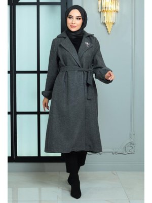 Antrasit Broş Detaylı Kaşe Kaban
