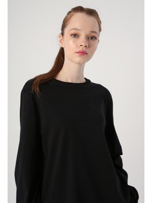 Siyah Bisiklet Yaka Kol Ucu Büzgülü Pamuklu Bluz