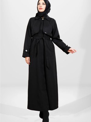 Düğmeli Tam Boy Siyah Trençkot