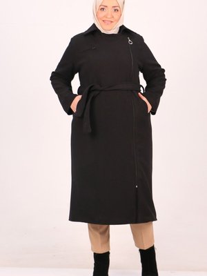 Siyah Büyük Beden Yandan Femuarlı Kaşe Kaban