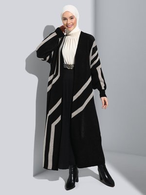 Siyah Vizon Geometrik Desenli Balon Kollu Uzun Triko Hırka