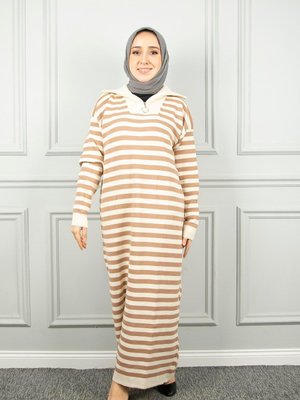 Bej Çizgili Elbise