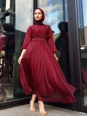 Simli Belden Kuşaklı Bordo Abiye Elbise