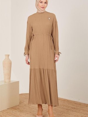 Beli Ayarlanabilir Gofreli Elbise Camel
