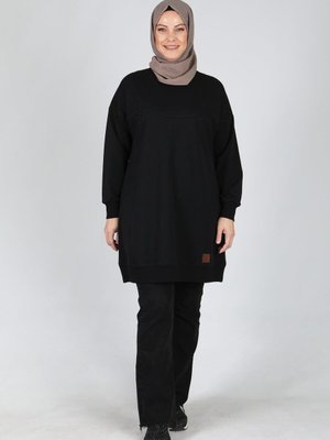 Siyah Büyük Beden Kaşkorse Kombinli Armalı Tunik