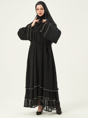 Şifon Taşlı Üç Katlı Ferace