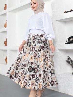 Desenli Piliseli Etek Bej