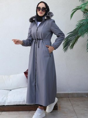 Içi Kürklü Kapüşonlu Uzun Bondit Kaban Gri